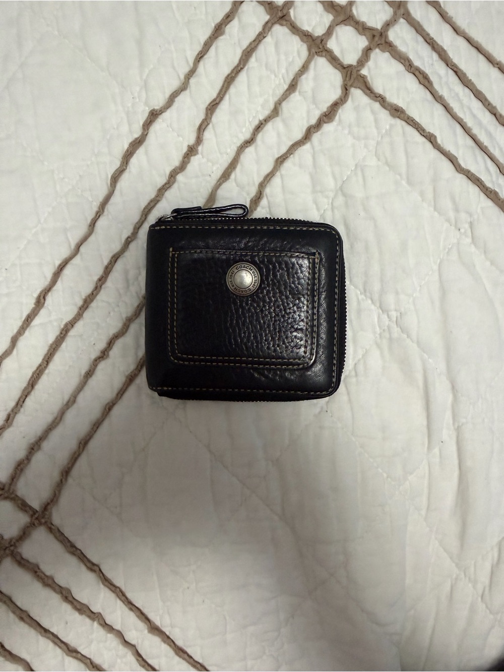 Coach Black Leather Compact Zip Wallet with Front Snap
